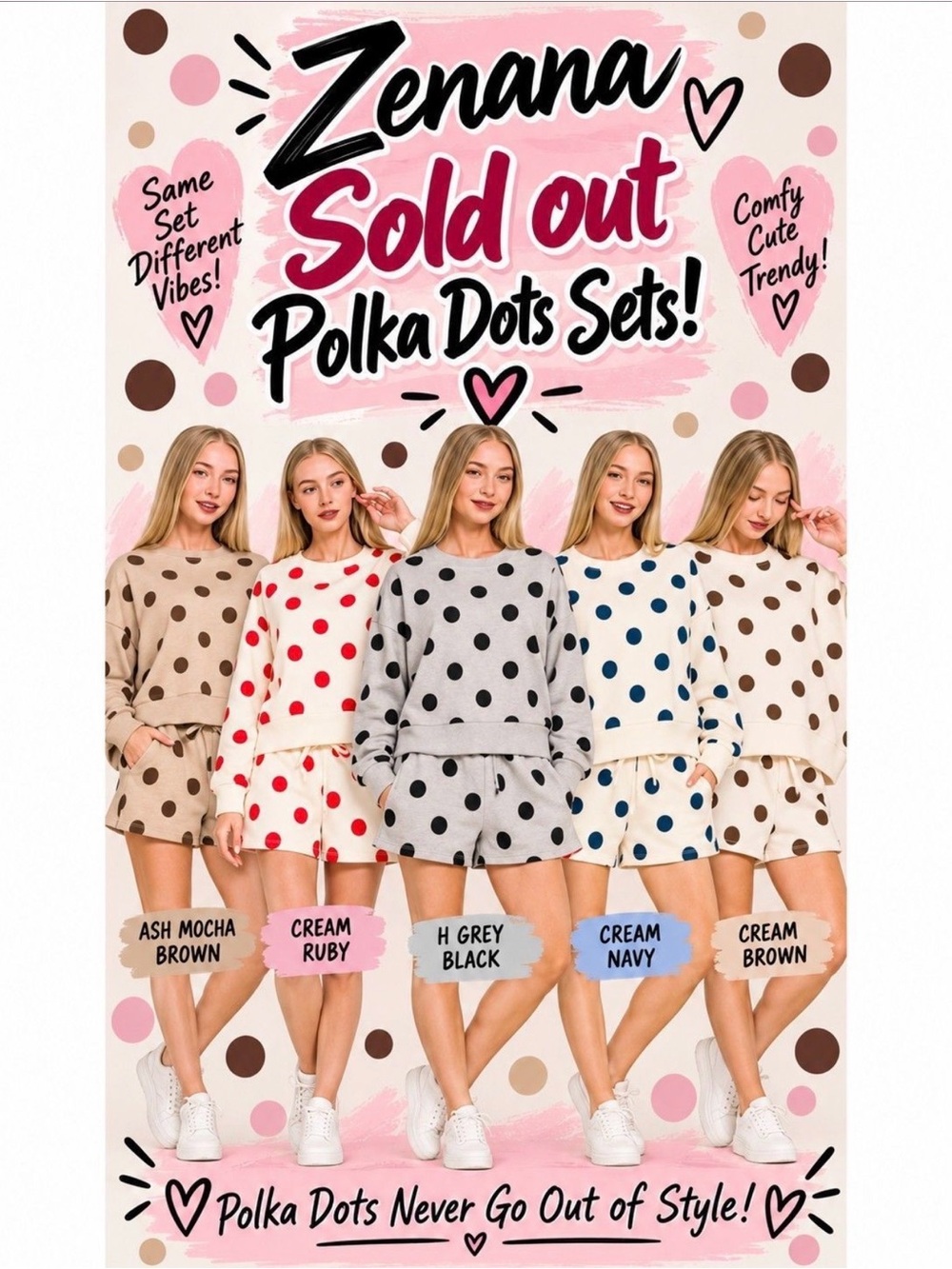 Zenana Outfitters Cream Polka Dot Pullover and shorts with Navy Dots - Picture 3 of 3
